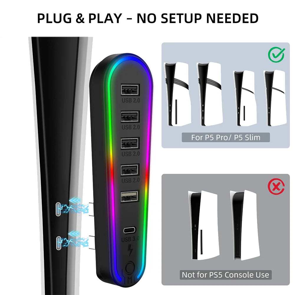 6 Ports Expansion Hub with RGB Light Charger Adapter Convert