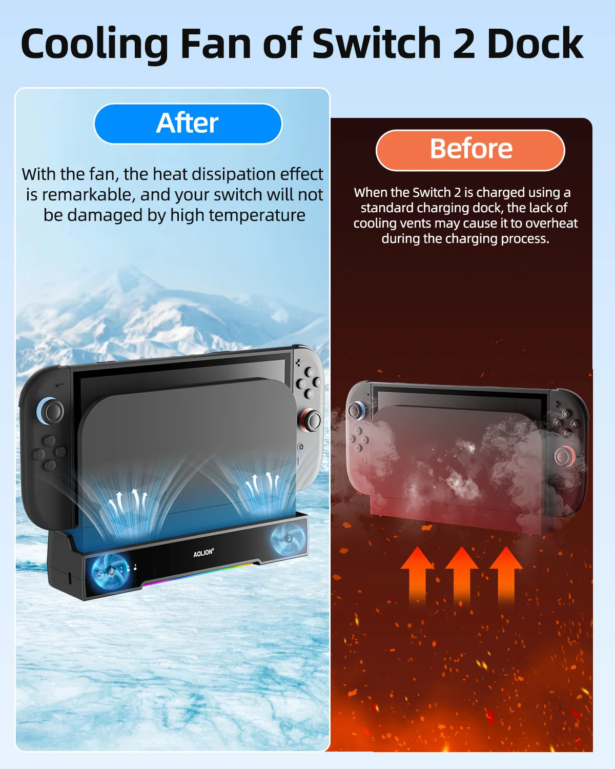 Aolion For Switch 2 Dock RGB Cooling Fan Portable HUB Expans