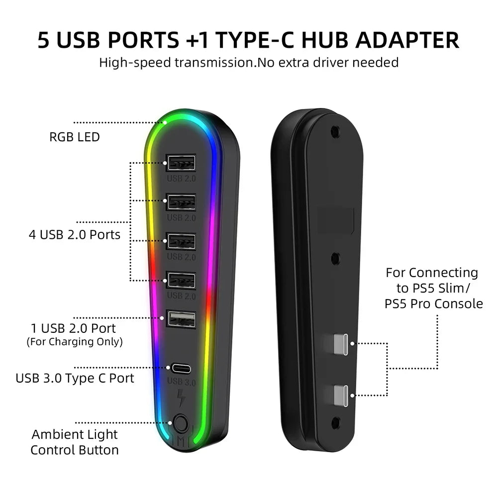 6 Ports Expansion Hub with RGB Light Charger Adapter Convert