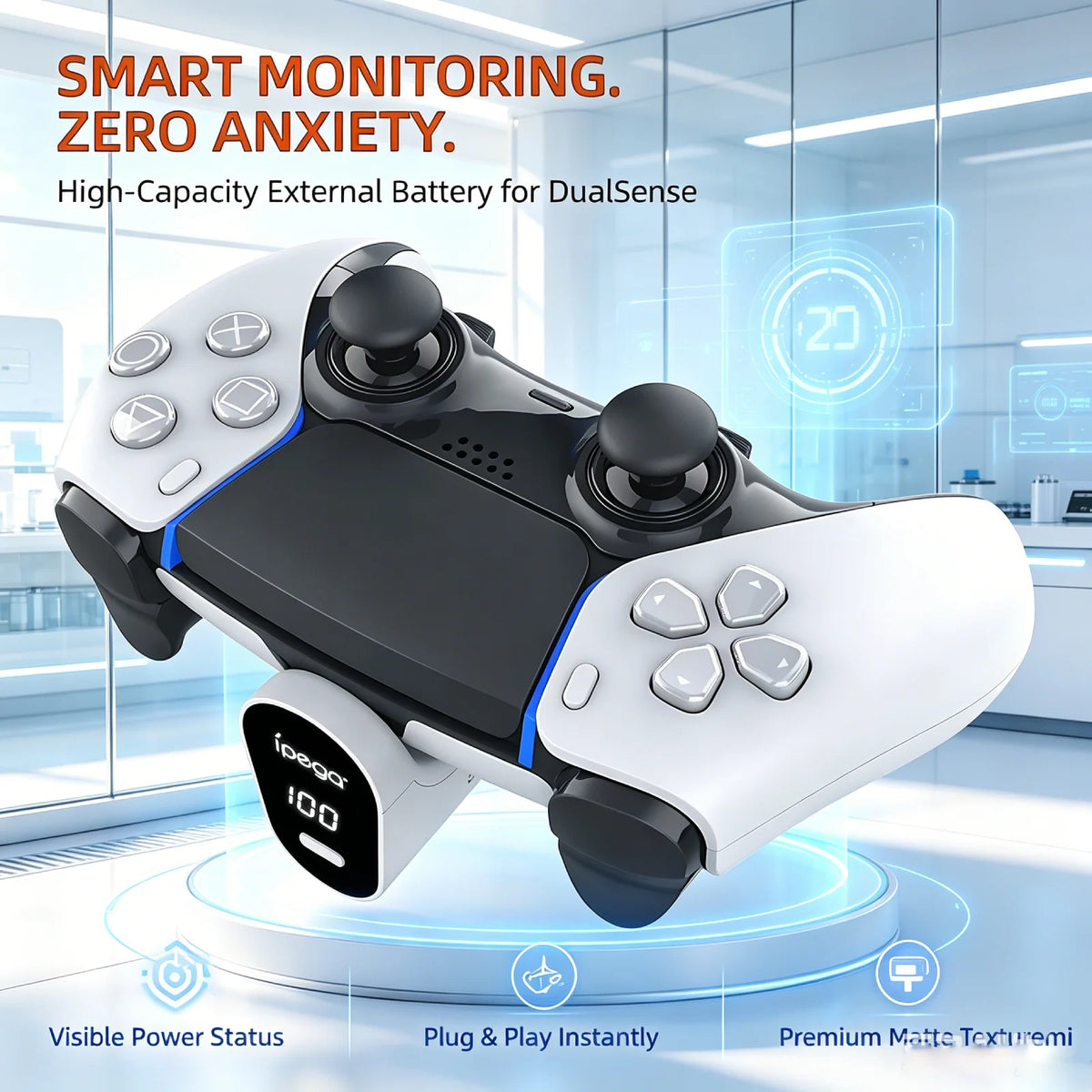 For PS5 Controller 2000mAh Type C Battery LED Display Play a