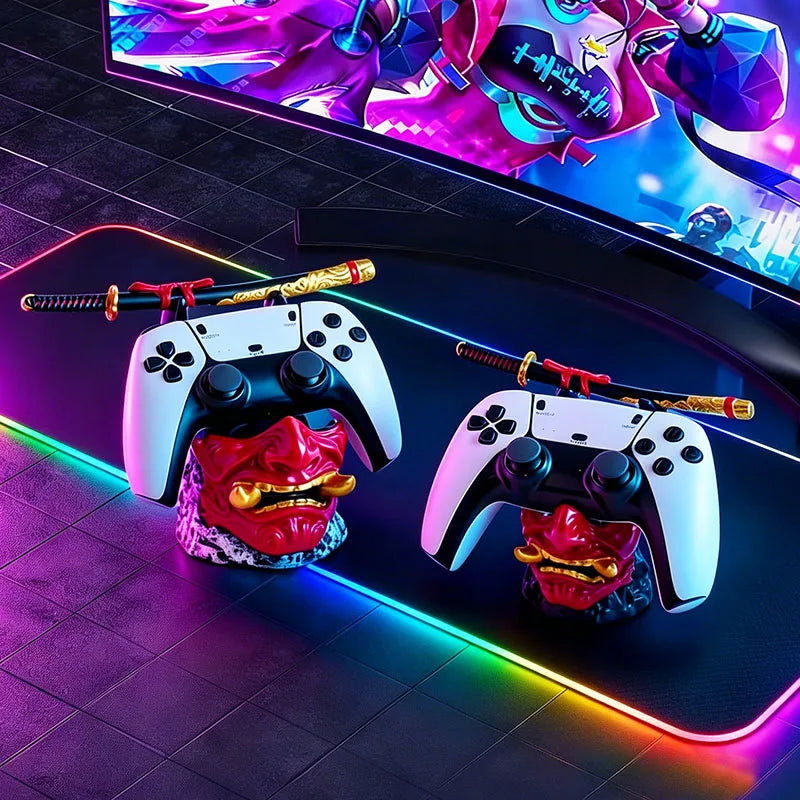 Cool Red Oni Mask Resin Game Controller Holder Samurai Sword